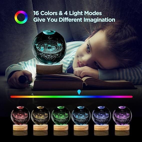 3D Planet Crystal Ball LED Night Light with Wooden Base