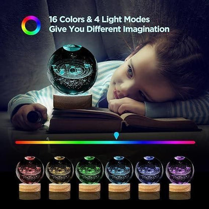 3D Planet Crystal Ball LED Night Light with Wooden Base